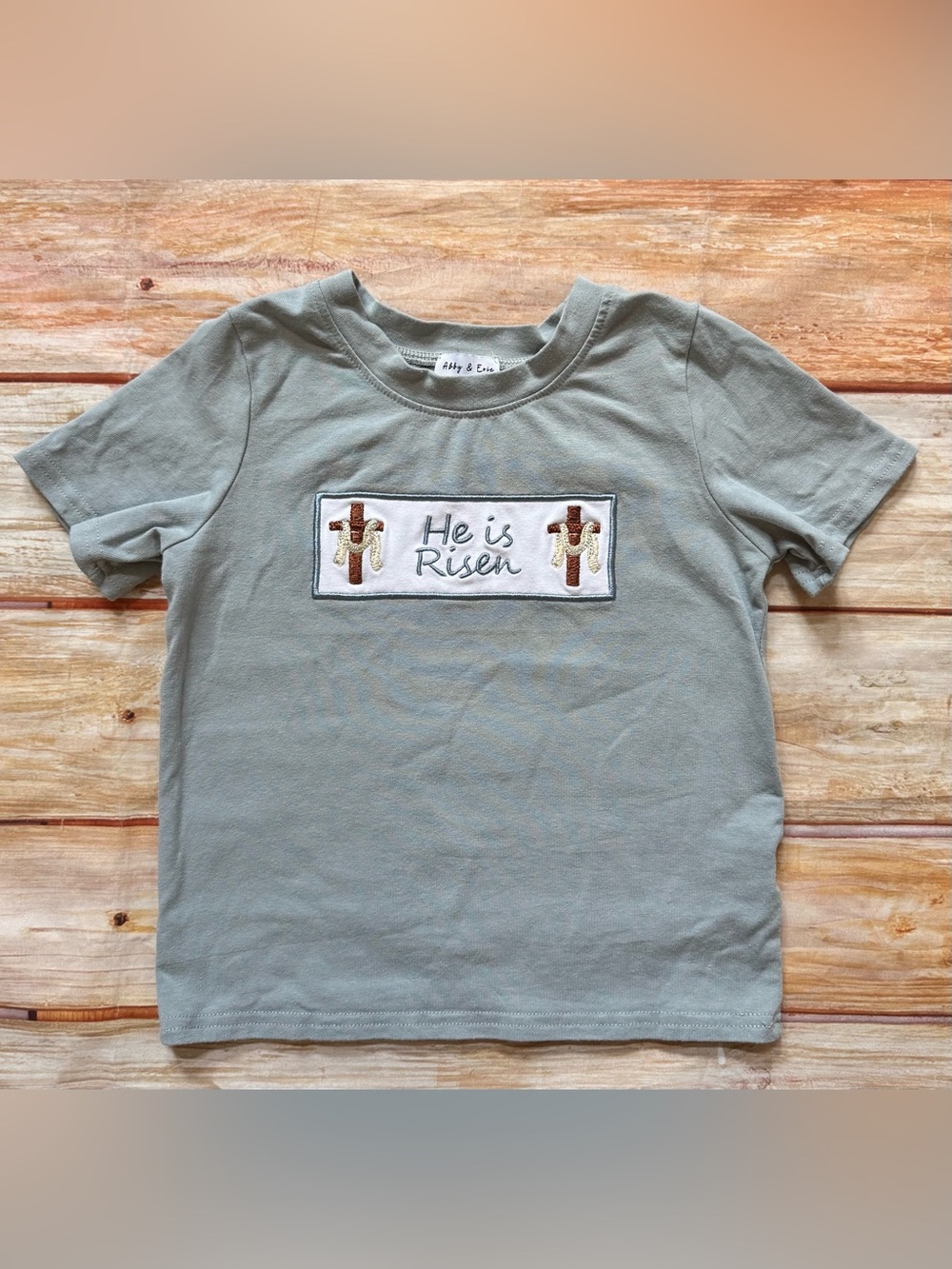 ABBY & EVIE "He is Risen" Light Blue Easter/Spring Toddler T-Shirt Sz 3
